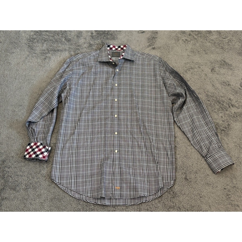Thomas Dean Mens Large Gray Blue Crosshatch Flip Cuff Long Sleeve Button Shirt